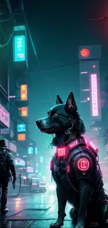 Cybernetic dog in a neon-lit futuristic street scene.