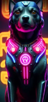 Futuristic cyber dog in neon pink armor on a colorful background.