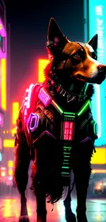 Cyberpunk dog standing in neon-lit city street.