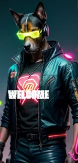 Cyber dog in neon cityscape with glowing lights.