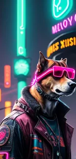 Cyberpunk dog in neon city with glowing sunglasses.