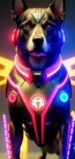 Futuristic cyber dog with neon lights and digital armor.