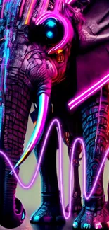 Cyberpunk elephant with neon colors and futuristic design.