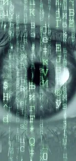 Close-up of an eye with digital code overlay, creating a futuristic effect.