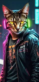 Cyber cat in neon city with vibrant lights.