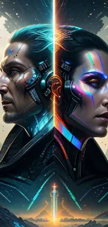 Futuristic cyber-themed wallpaper with dual characters and sci-fi elements.