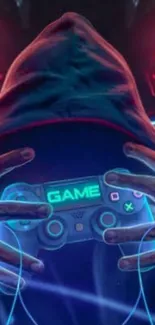 Hooded gamer with controller and neon lights in dark cyber setting.