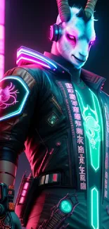 Neon cyber goat in a vibrant cityscape, blending technology and futuristic style.