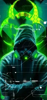 Neon green cyberpunk wallpaper with hooded figure and digital elements.