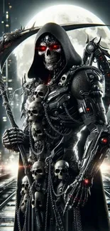 Cyber Grim Reaper with red eyes in a futuristic city scene.