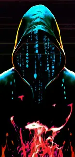 Cyber hooded figure with neon digital patterns in a dark setting.