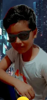 Cyber-themed wallpaper with neon signs and a child in sunglasses.