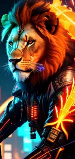 Futuristic cyber lion with neon lights on mobile wallpaper.