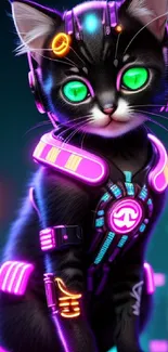 A futuristic neon cat with glowing eyes in a cyberpunk theme.