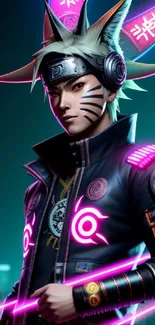 Anime-style cyber warrior with neon lights in a futuristic urban setting.