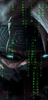 Cyber ninja with green code matrix background on digital wallpaper.