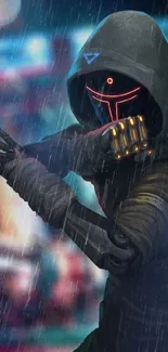 Cyberpunk ninja in rain with hood and glowing mask.