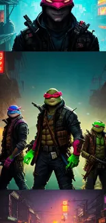 Cyberpunk ninja turtles in a vibrant cityscape setting.