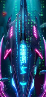 Futuristic cyber ocean with neon lights and digital elements in a mobile wallpaper.