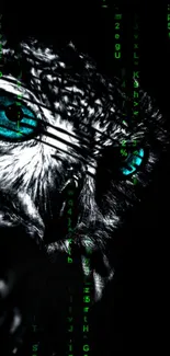 Cyber owl with neon eyes and digital effects on black background.