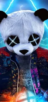 Cyber panda with neon lightning and glowing effects on a vibrant background.