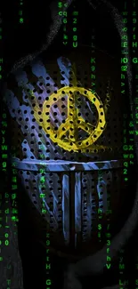 Cyber warrior helmet with peace symbol and green digital code.