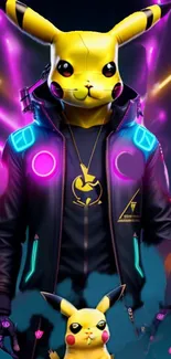 Pikachu in cyber-themed neon suit with futuristic lights.