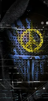 Cyberpunk wallpaper with a yellow peace symbol in a futuristic setting.