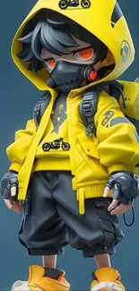 Yellow jacketed character with a cyber punk theme.