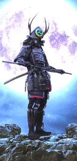 Cyberpunk samurai standing under a glowing full moon.