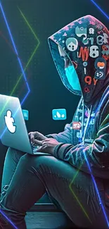 Person in neon hoodie coding on laptop, surrounded by digital art icons.