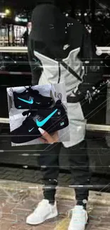 Cyber streetwear fashion with neon blue shoes and digital design overlay.