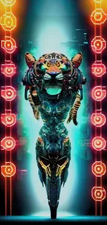 Cyber tiger artwork with neon elements in vivid colors.