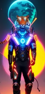 Cyberpunk tiger in neon suit with cosmic background.