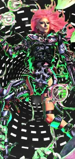 Cyber warrior fantasy art in vibrant neon green hues.