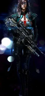 Futuristic cyber warrior with weapon in dark, colorful setting.