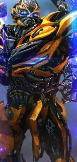 Bright cyber warrior with orange armor in a futuristic setting.