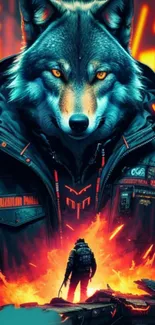 Cyber wolf with glowing eyes in a fiery, neon futuristic scene.