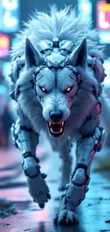 Cybernetic wolf running through neon-lit street.