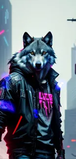 Cyberpunk wolf in a neon-lit cityscape, vibrant and futuristic.