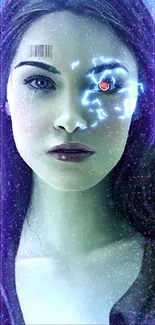 Cybernetic woman with blue and red eyes in fantasy art digital wallpaper.