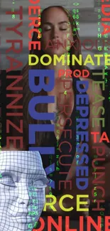 Cyberbullying themed wallpaper with digital words overlay.
