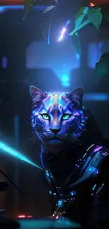 Futuristic glowing cyber cat with neon lights in a dark sci-fi setting.