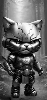 Cybernetic feline in futuristic armor stands in a misty forest. Monochrome theme.