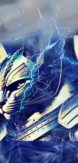 Futuristic cybernetic cat in blue armor with electric effects.