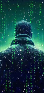 Hooded figure with digital code rain on a green backdrop.