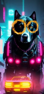 Cybernetic dog with neon glasses in a glowing city background.