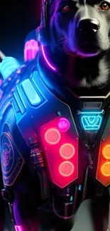 Futuristic cybernetic dog with neon lights.