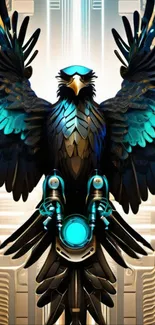 Futuristic cybernetic eagle with vibrant teal wings and robotic elements.