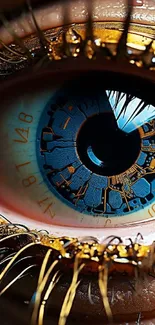 Close-up of a cybernetic eye with blue iris and golden details.